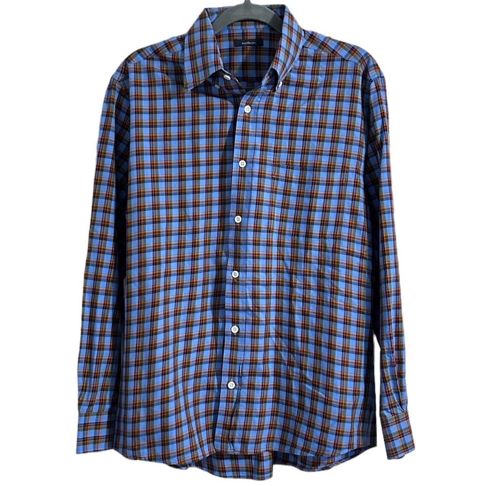 Turtleson Button Down Dress Sport Shirt Men’s Medium Plaid Stripe Blue Orange M